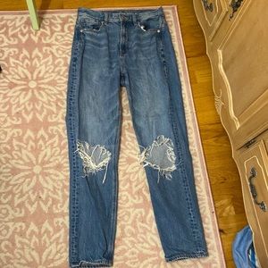 American eagle high rise mom jean regular, size two and have a medium dark wash